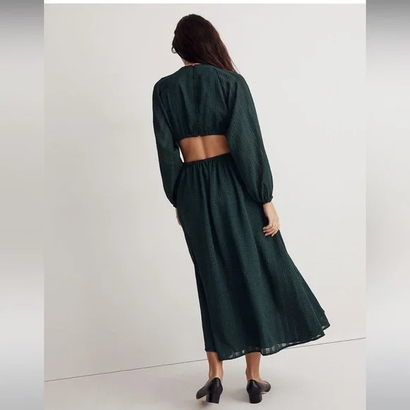 NWT Madewell Long-Sleeve Cutout Midi Dress - Medium Emerald Green - Picture 3 of 15